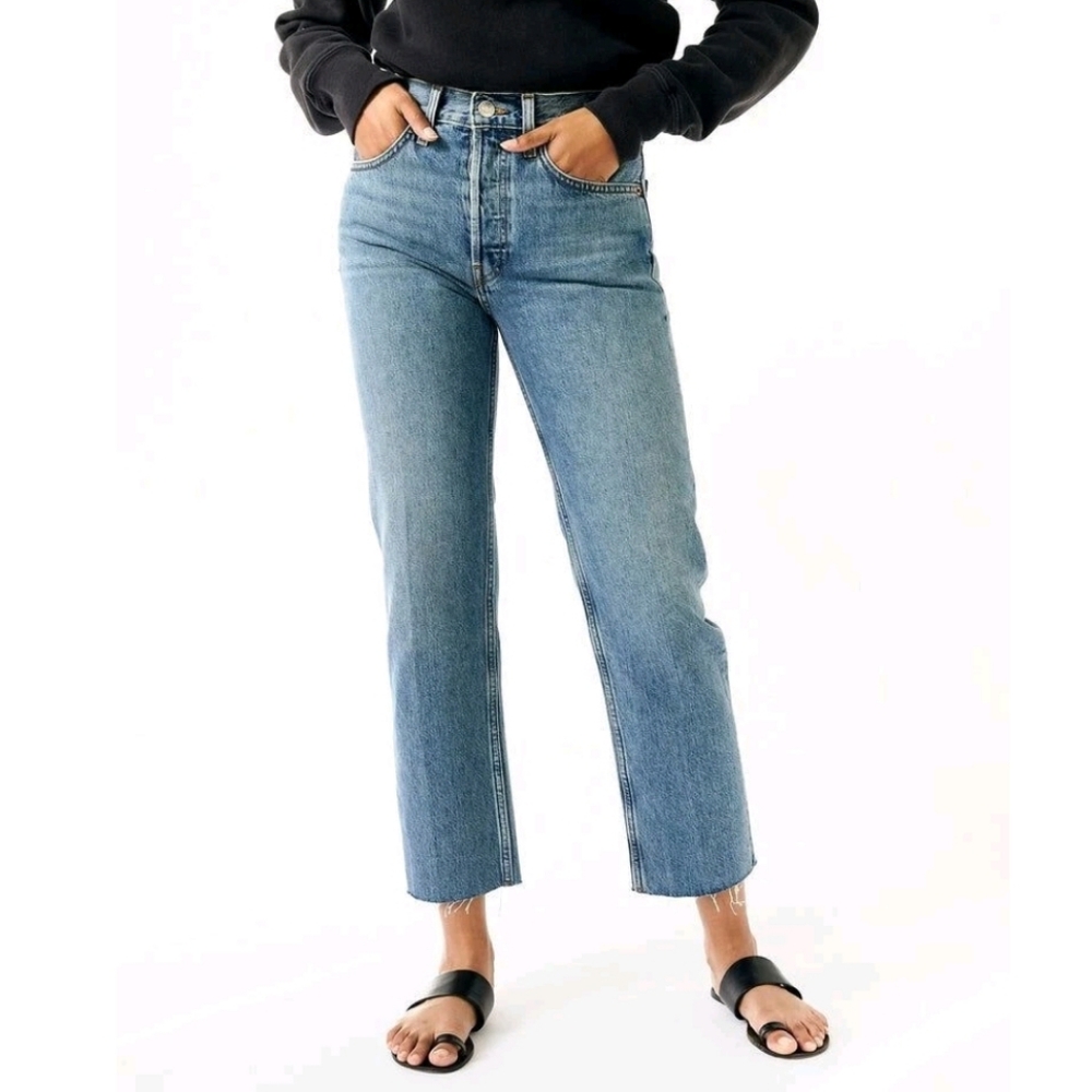Re/Done High Rise Stove Pipe Vain Wash Blue Denim Jeans Button Fly